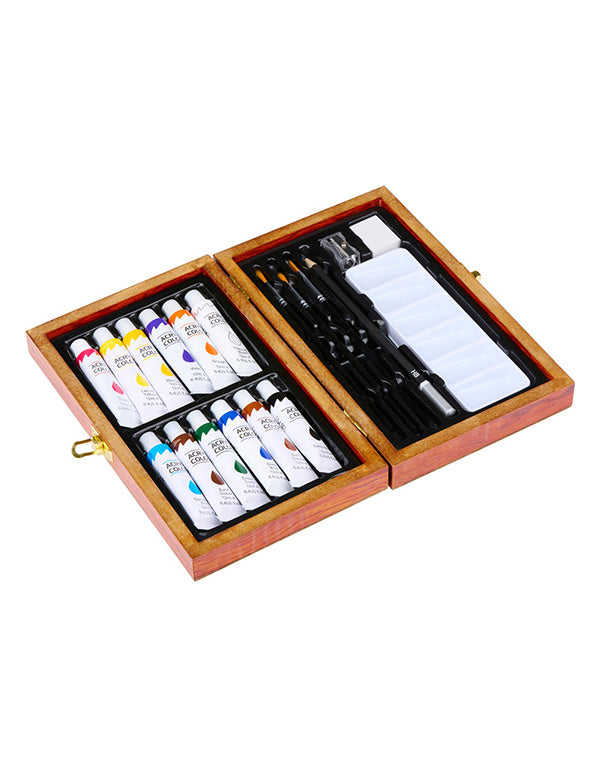 Artico 20 db-os akril festőkészlet fa dobozban - akrilfestékek, ecsetek, paletta, ceruza