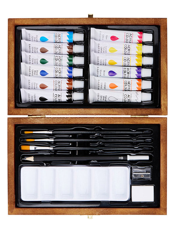 Artico 20 db-os akril festőkészlet fa dobozban - akrilfestékek, ecsetek, paletta, ceruza